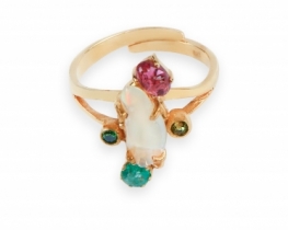 Unique Gold Vermeil Ring Opal with Emerald, Tourmaline & Topaz
