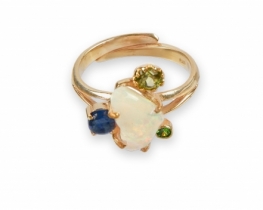 Srebrn prstan Opal, Modri safir, peridot