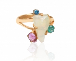 Unique Gold Vermeil Ring Opal with Emerald, Tourmaline & Topaz