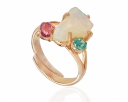 Unique Gold Vermeil Ring Opal with Emerald, Tourmaline & Topaz