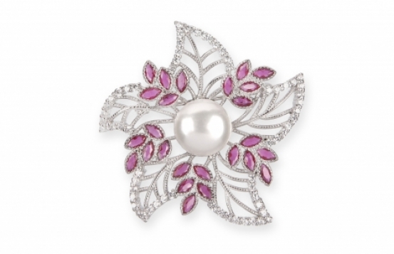 Silver Brooch with Pearl and Rubies - Scarlet Dahlia