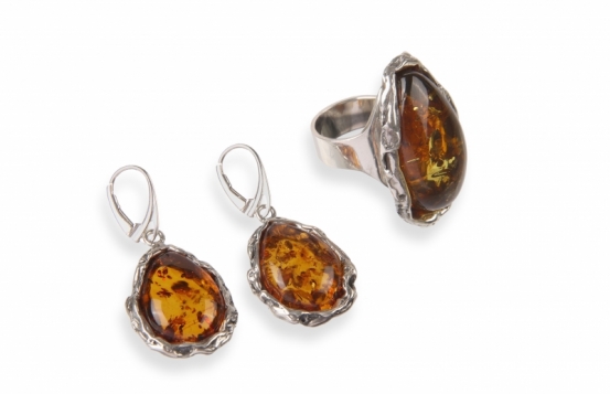 Baltic Amber Earrings & Ring - Unique Silver Jewelry Set 