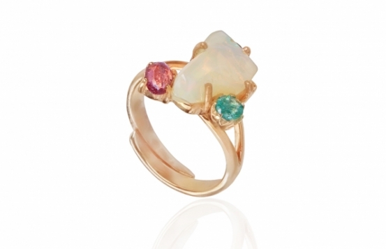Unique Gold Vermeil Ring Opal with Emerald, Tourmaline & Topaz